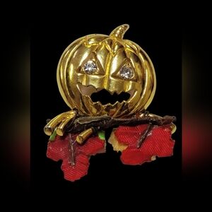 Avon Signed Gold Pumpkin Brooch with Red Leaves
